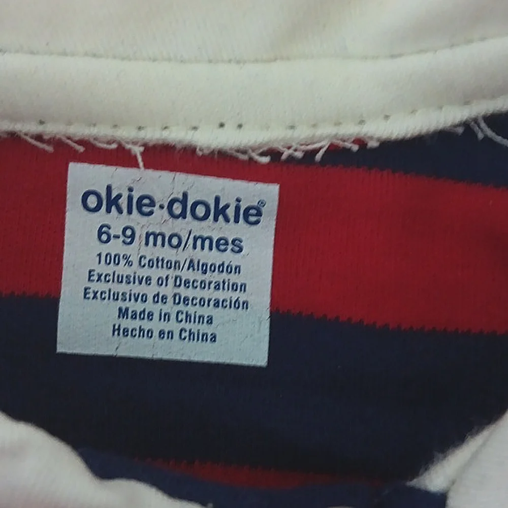 Okie Dokie Striped Red & Blue Boy Baby Outfit Size 6-9 Months Bear Patch 2 Piece - Picture 4 of 12